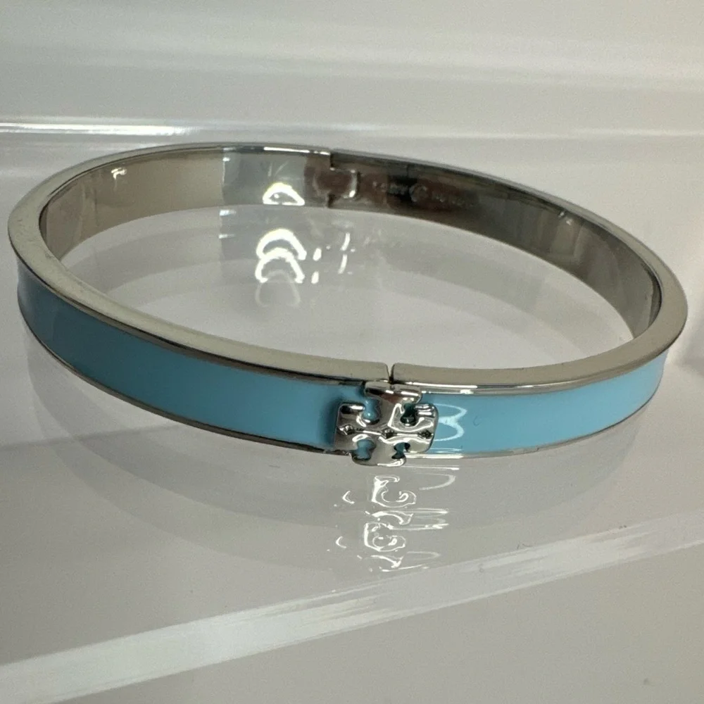Tory Burch New Kira Blue Enamel Hinge Silver-Toned Bracelet - Picture 3 of 10